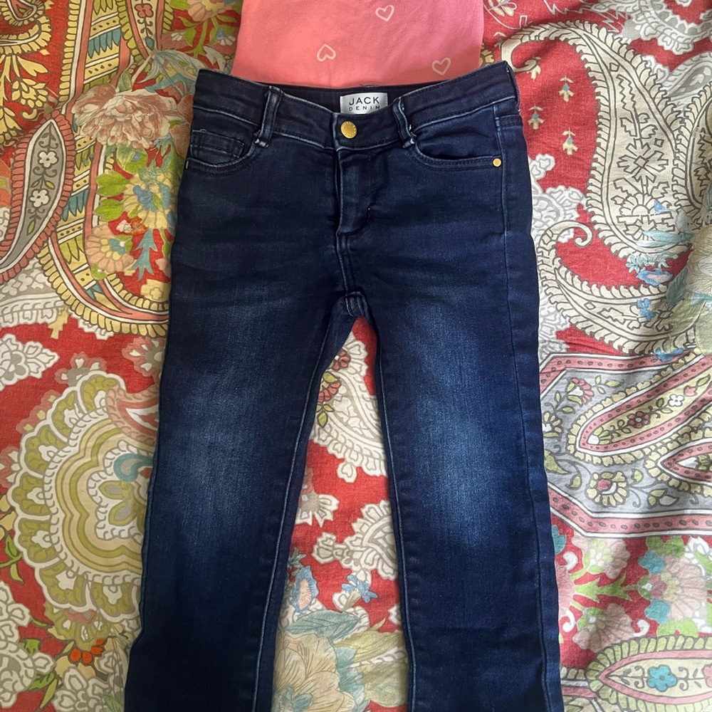 Navy Blue Denim Jeans Girls 3 and pink top 3T
